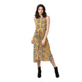 HD Women's Polyester Chain Print Sleeveless Below Knee Dress (Yellow - Black)