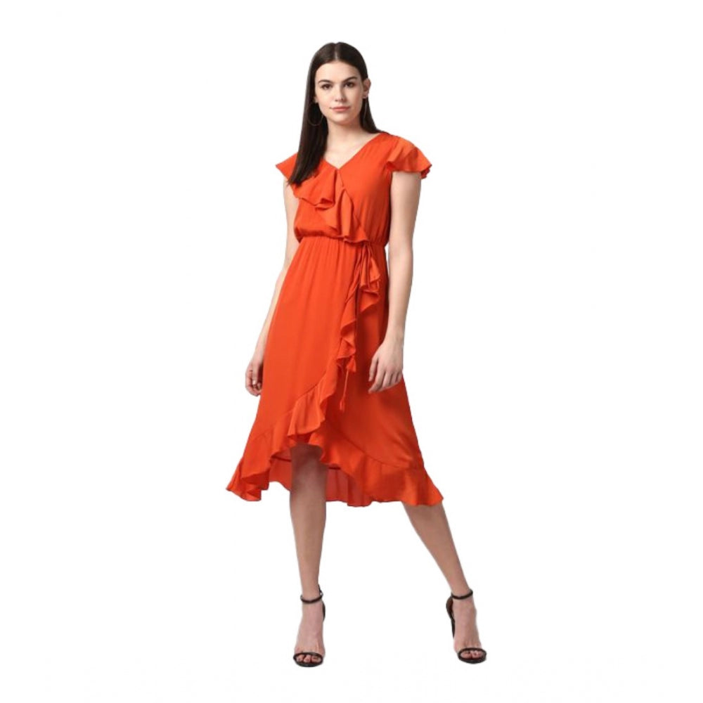 HD Women's Polyester Ruffled Cap Sleeve Knee-Length Dress (Orange)
