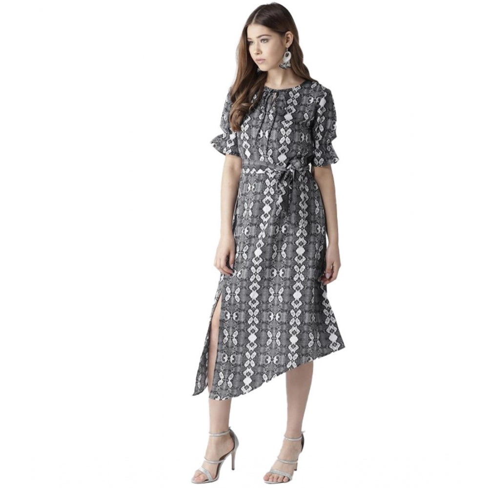 HD Women's Polyester Animal Print Short Sleeve Knee-Length Dress (Black - White)