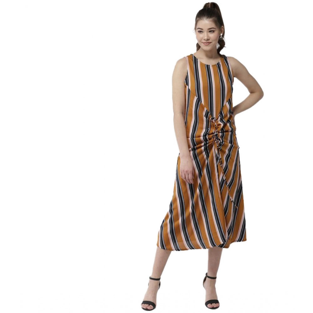 HD Women's Polyester Striped Sleeveless Below Knee Dress (Mustard)
