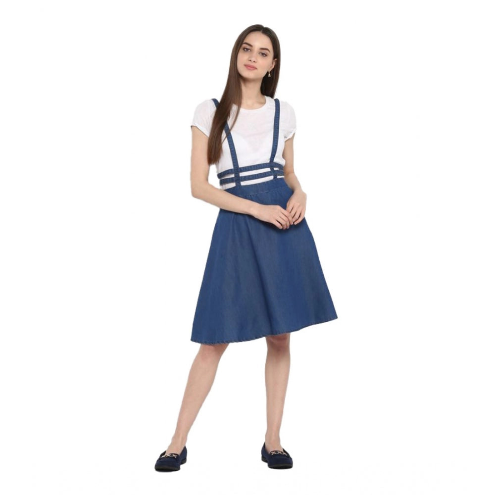 HD Women's Denim Solid Shoulder Straps Below Knee Dress (Blue)