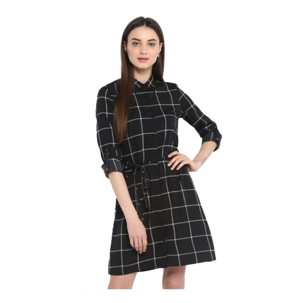 HD Women's Polyester Checkered Roll Up Sleeve Above Knee Dress (Black - White)