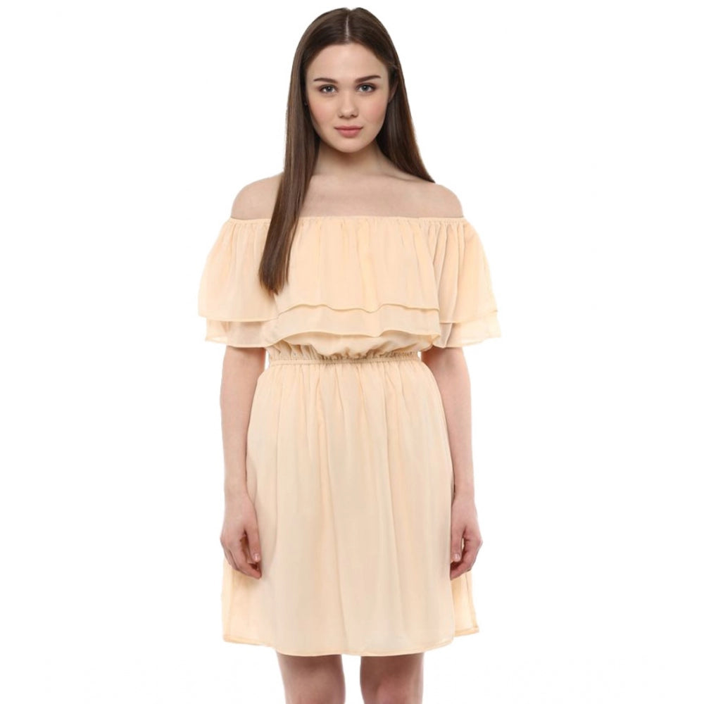 HD Women's Polyester Solid Sleeveless Knee-Length Dress (Beige)