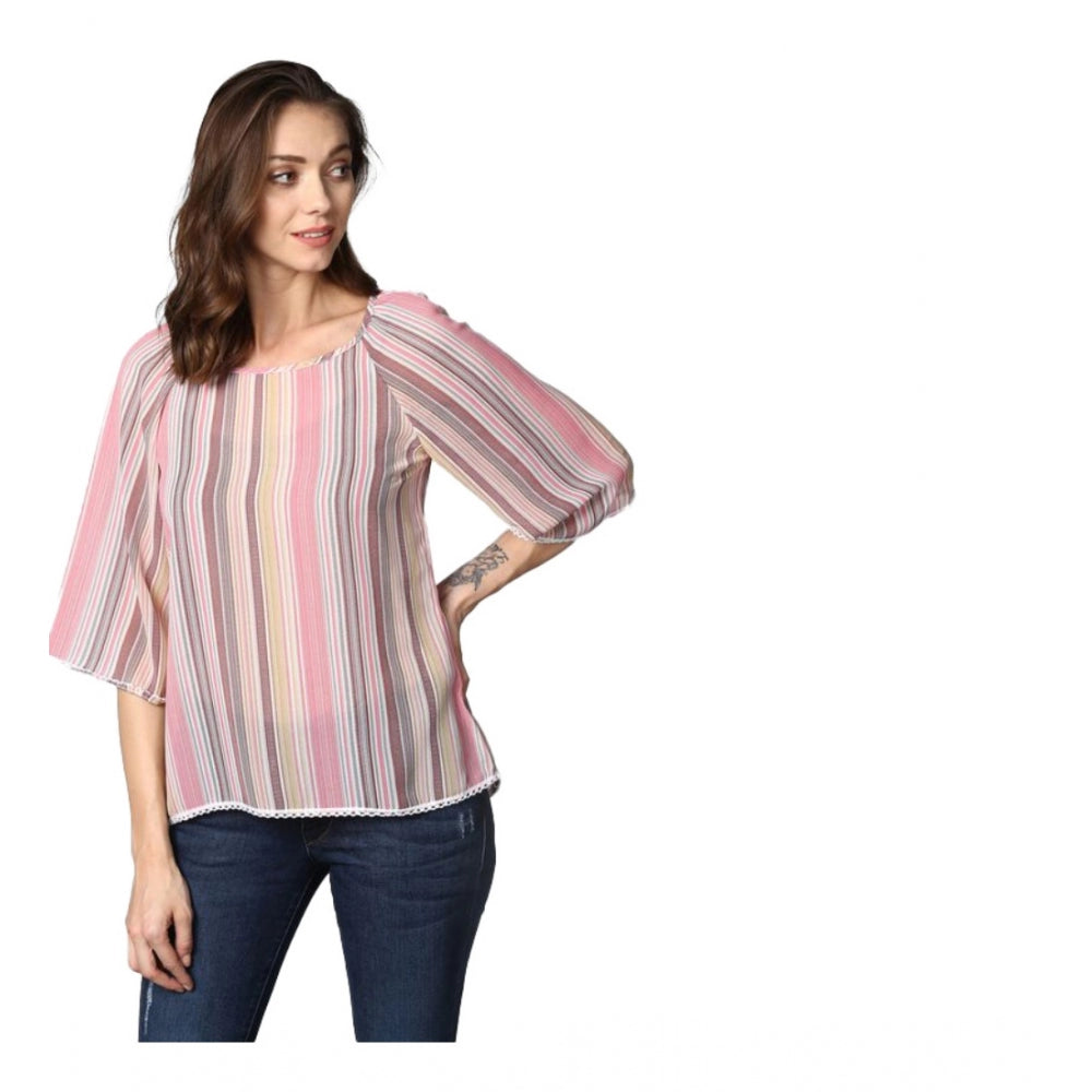 HD Women's Polyester Striped 3-4th Sleeves Top (Pink)