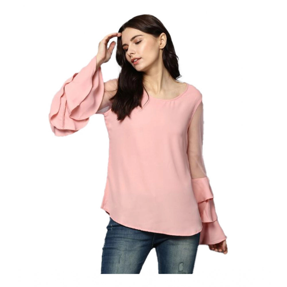 HD Women's Polyester Solid Tier Sleeve Top (Pink)