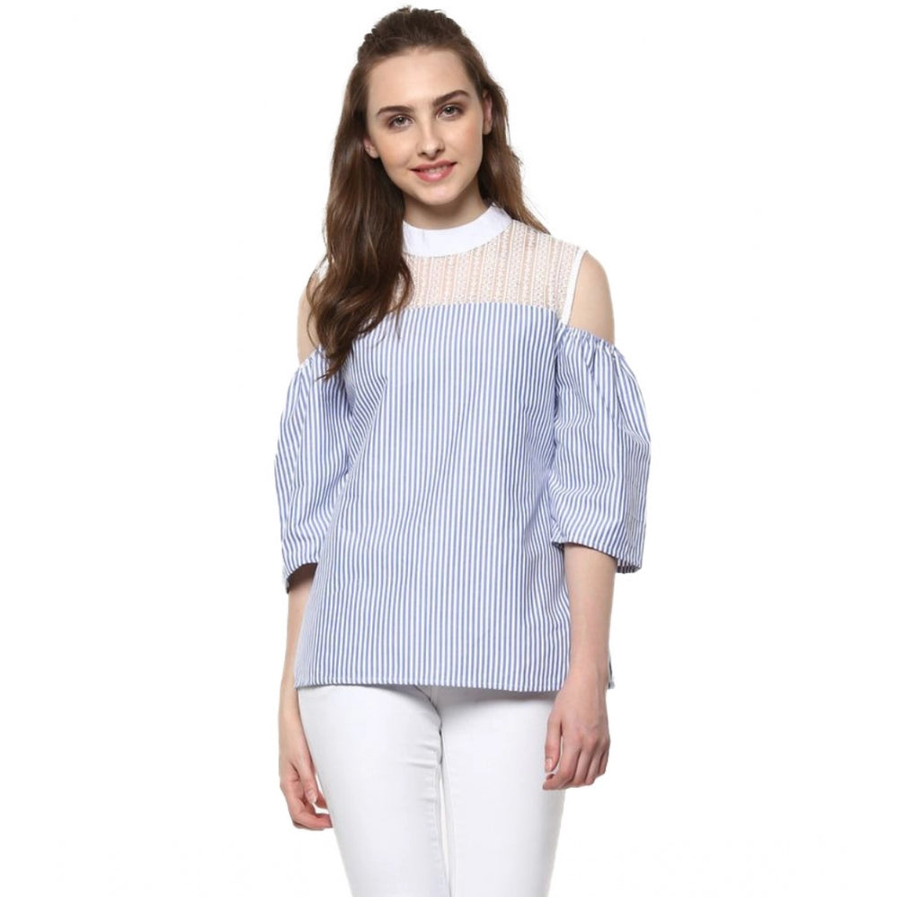HD Women's Cotton Striped Cold Shoulder Top (Blue)