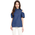 HD Women's Denim Solid Cold Shoulder Regular Top (Blue)