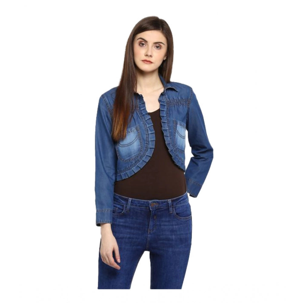 HD Women's Denim Pleated 3-4th Sleeves Shrug (Blue)