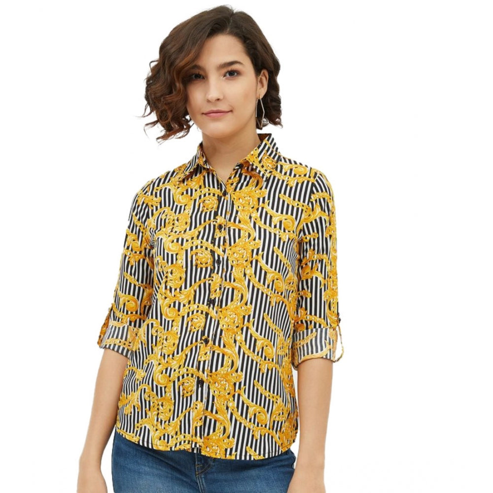 HD Women's Polyester Printed Roll Up Sleeve Standard Length Shirt (Mustared)