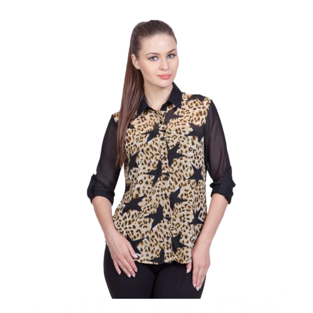 HD Women's Polyester Printed Roll Up Sleeve Standard Length Shirt (Black)