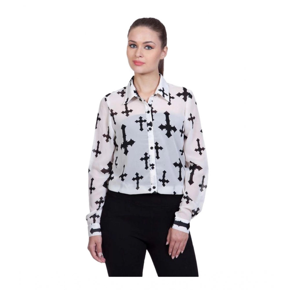 HD Women's Polyester Printed Long Sleeves Standard Length Shirt (White)