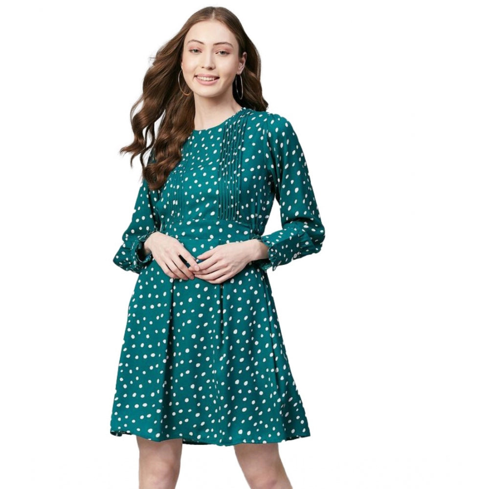 HD Women's Polyester Polka Long Sleeves Above Knee Dress (Green - White)