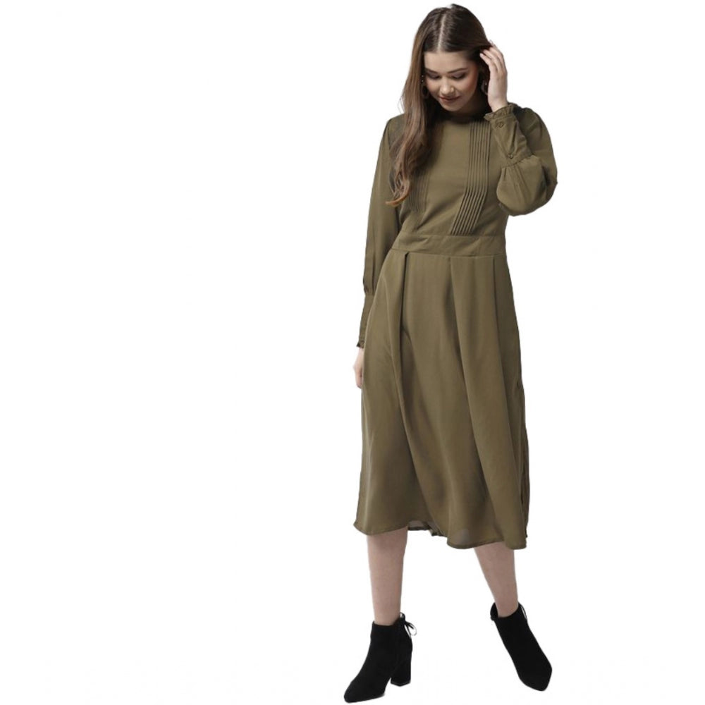 HD Women's Polyester Pintuck Long Sleeves Below Knee Dress (Olive)