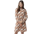 HD Women's Polyester Checkered Long Sleeves Above Knee Dress (Off White - Brown)