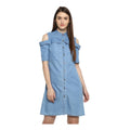HD Women's Denim Solid Cold Shoulder Above Knee Dress (Blue)
