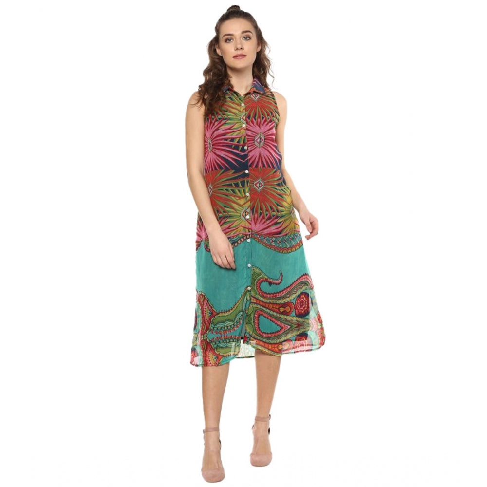 HD Women's Polyester Floral Sleeveless Below Knee Dress (Multicolor)