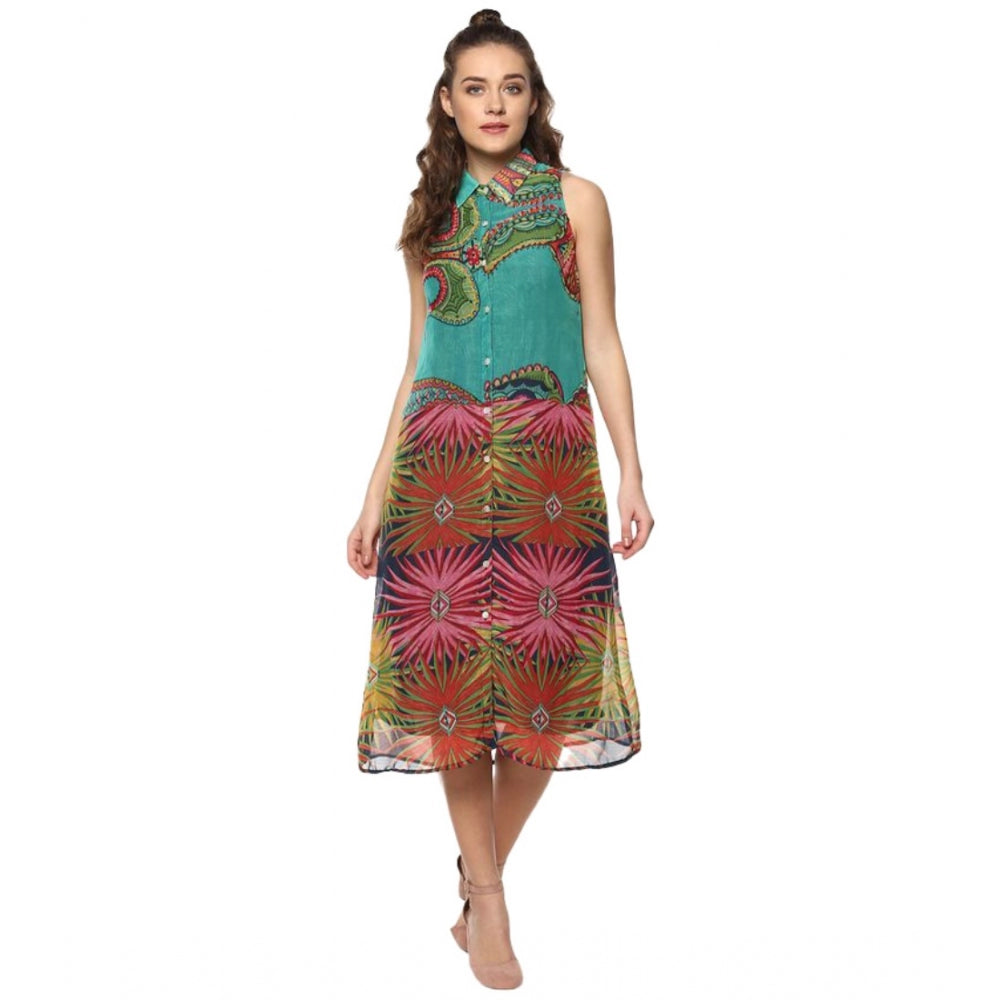 HD Women's Polyester Floral Sleeveless Below Knee Dress (Multicolor)