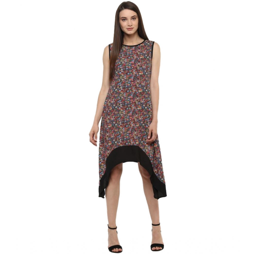 HD Women's Polyester Printed Sleeveless Knee-Length Dress (Multicolor)