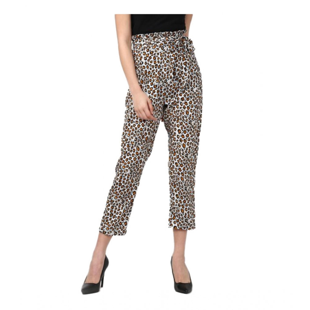 HD Women's Polyester Animal Print Elasticated Trousers (White - Yellow)
