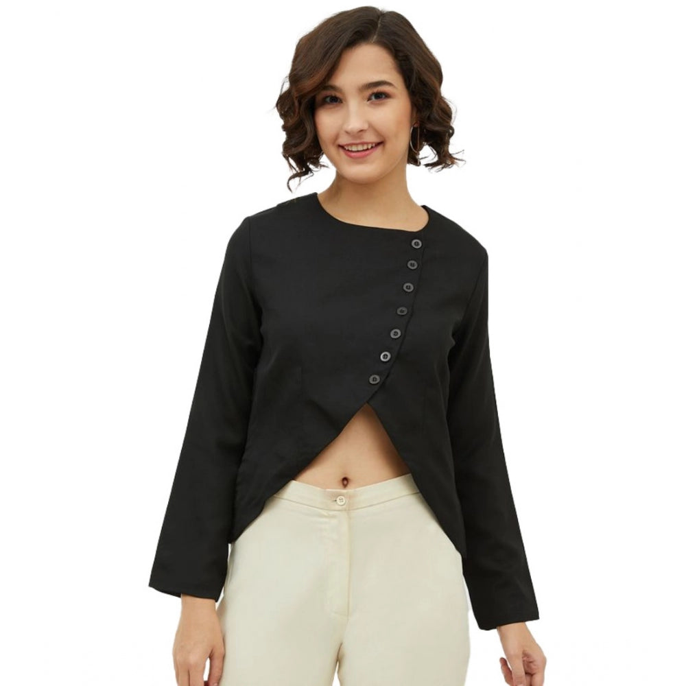 HD Women's Polyester Asymmetrical Long Sleeves Top (Black)