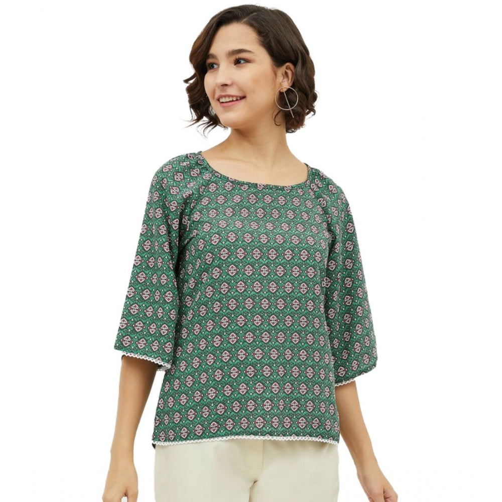HD Women's Polyester Printed 3-4th Sleeves Top (Green)