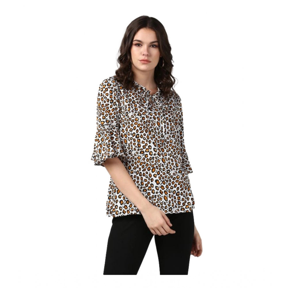 HD Women's Polyester Animal Print Bell Sleeve Top (Orange - Black)