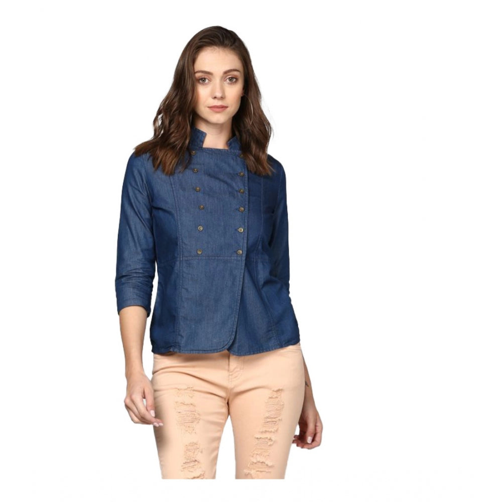 HD Women's Denim Solid 3-4th Sleeves Top (Blue)