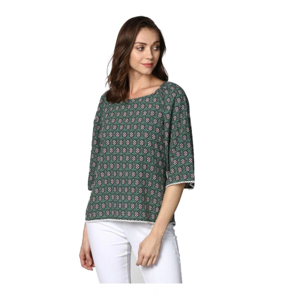 HD Women's Polyester Printed 3-4th Sleeves Top (Green)