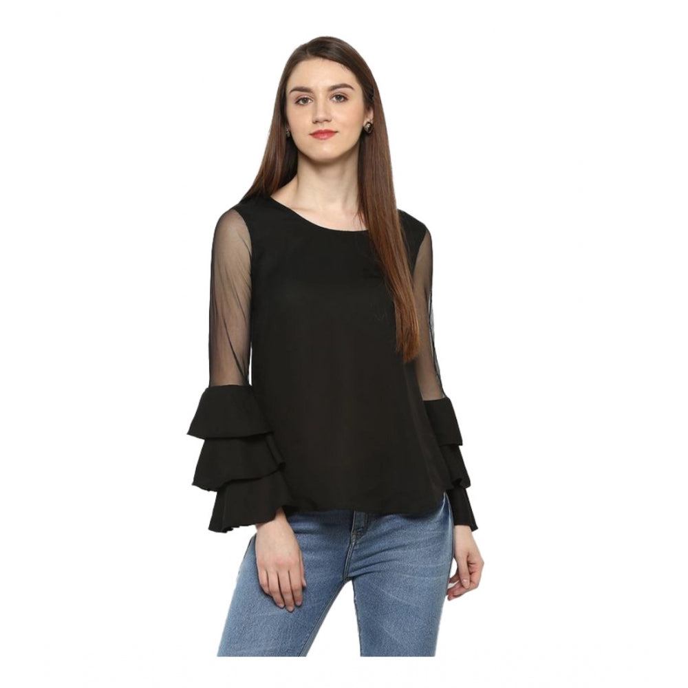 HD Women's Polyester Solid Tier Sleeve Top (Black)