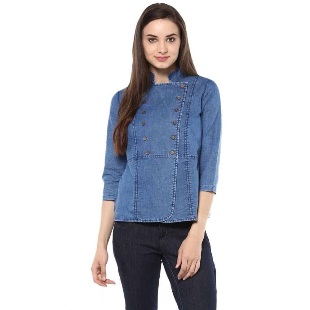 HD Women's Denim Solid 3-4th Sleeves Regular Top (Blue)