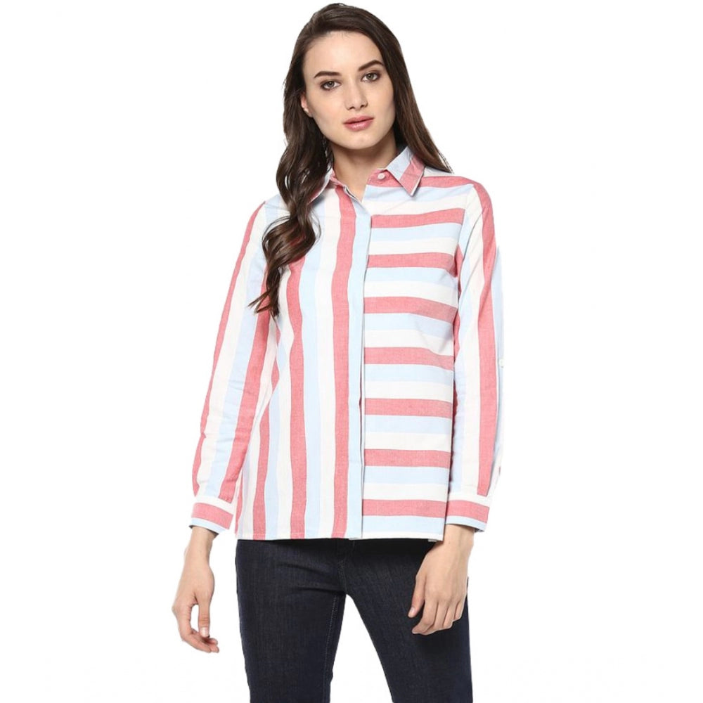 HD Women's Cotton Striped Roll Up Sleeve Regular Top (Red)