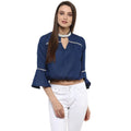 HD Women's Polyester Solid Bell Sleeve Regular Top (Blue)