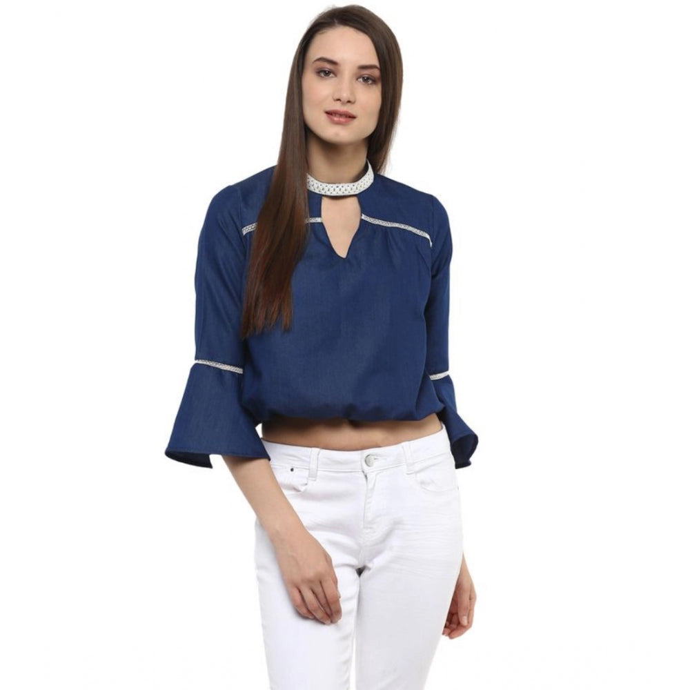 HD Women's Polyester Solid Bell Sleeve Regular Top (Blue)