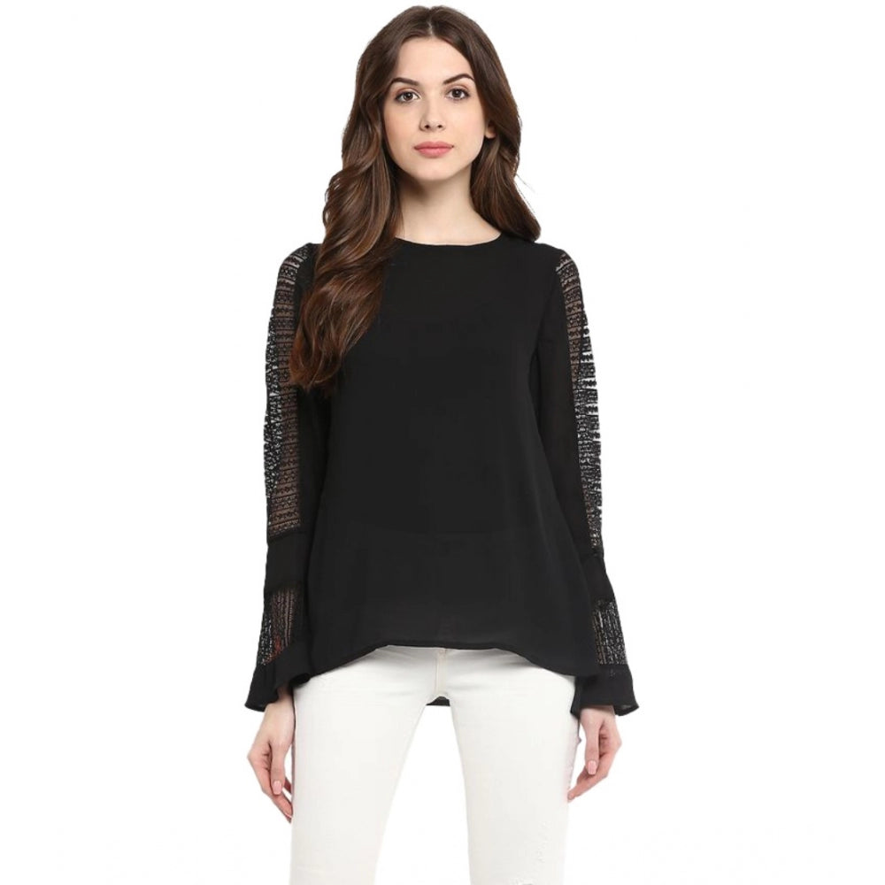 HD Women's Polyester Georgette Self Design Bell Sleeve Regular Top (Black)