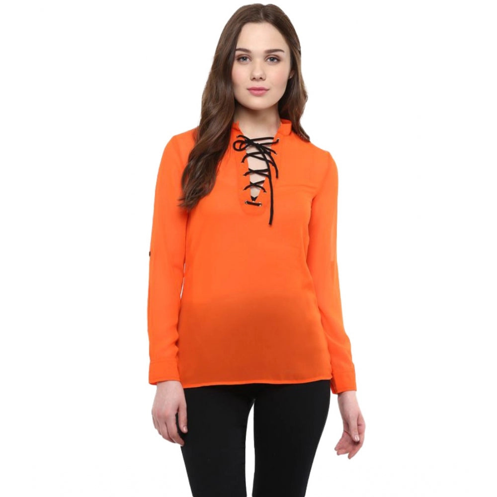 HD Women's Polyester Solid Long Sleeves Regular Top (Orange)