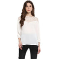 HD Women's Polyester Georgette Self Design 3-4th Sleeves Regular Top (White)