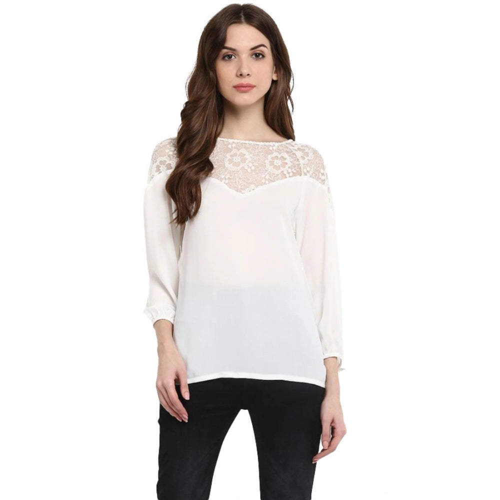 HD Women's Polyester Georgette Self Design 3-4th Sleeves Regular Top (White)