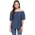 HD Women's Denim Solid Short Sleeve Regular Top (Blue)