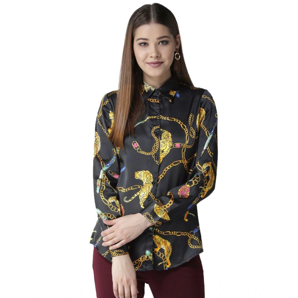 HD Women's Satin Printed Long Sleeves Standard Length Shirt (Black - Gold)