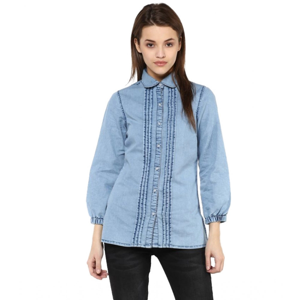 HD Women's Denim Solid 3-4th Sleeves Standard Length Shirt (Blue)