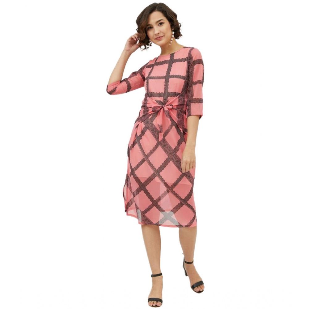 HD Women's Polyester Checkered 3-4th Sleeves Below Knee Dress (Pink)