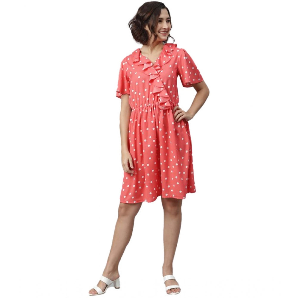 HD Women's Polyester Polka Flutter Above Knee Dress (Coral)