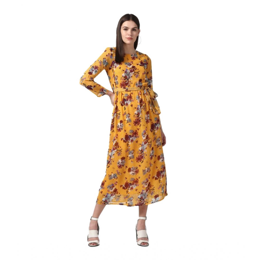 HD Women's Polyester Floral Long Sleeves Calf-length Dress (Yellow)