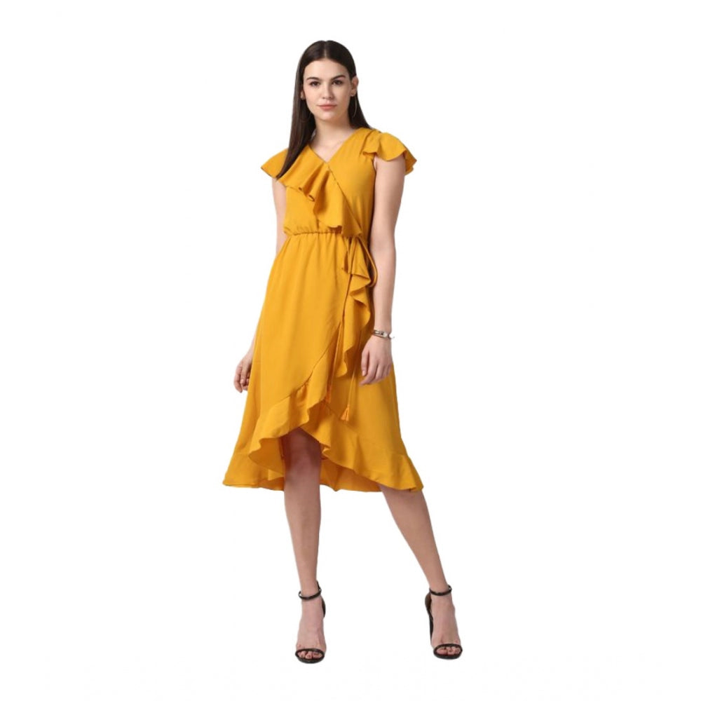 HD Women's Polyester Ruffled Cap Sleeve Knee-Length Dress (Yellow)