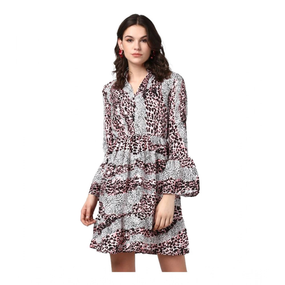 HD Women's Polyester Animal Print Bell Sleeve Above Knee Dress (Pink - Black)