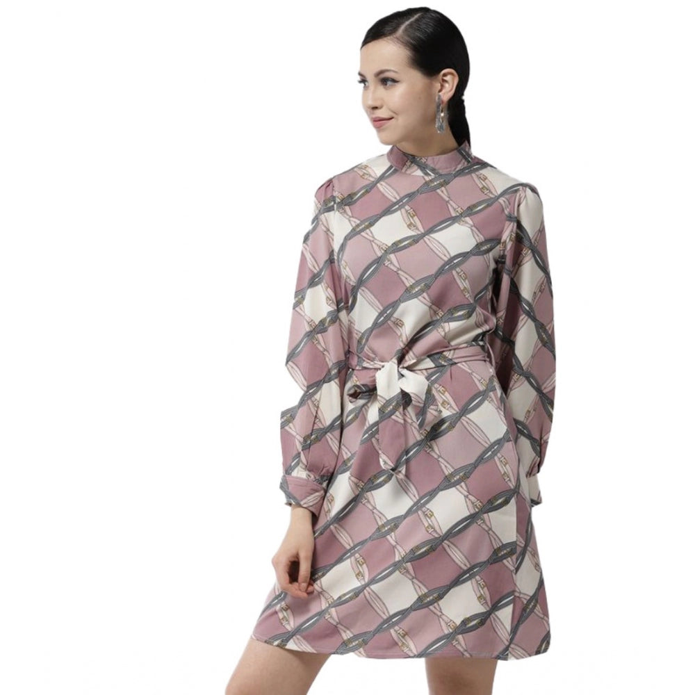 HD Women's Polyester Checkered Long Sleeves Above Knee Dress (Off White - Lavender)