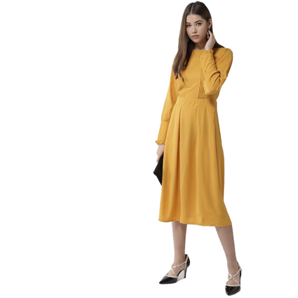 HD Women's Polyester Pintuck Long Sleeves Below Knee Dress (Yellow)