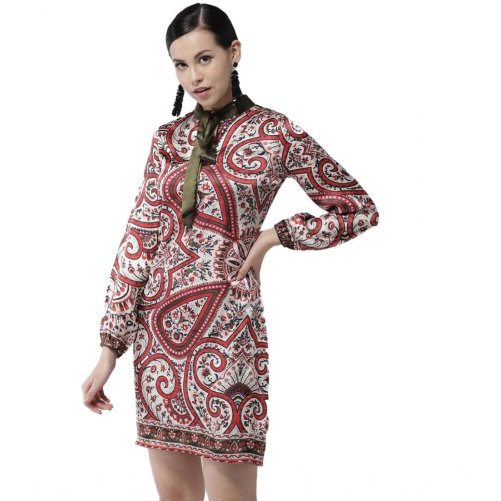 HD Women's Polyester Printed Long Sleeves Above Knee Dress (Red)