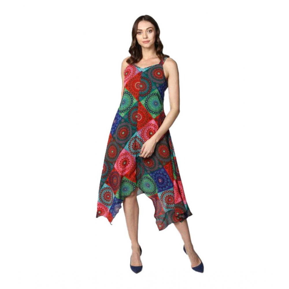 HD Women's Polyester Asymmetrical Shoulder Straps Knee-Length Dress (Multicolor)