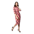 HD Women's Polyester Checkered 3-4th Sleeves Below Knee Dress (Pink - Black)